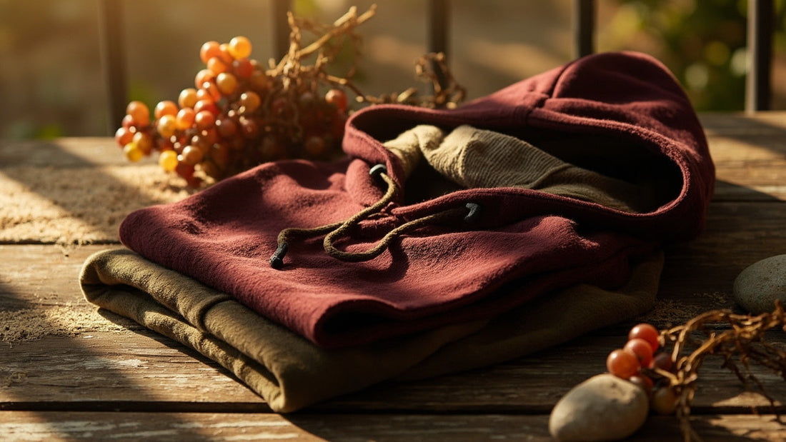 gefalteter hoodie und beanie auf holztisch neben weinreben im abendlicht