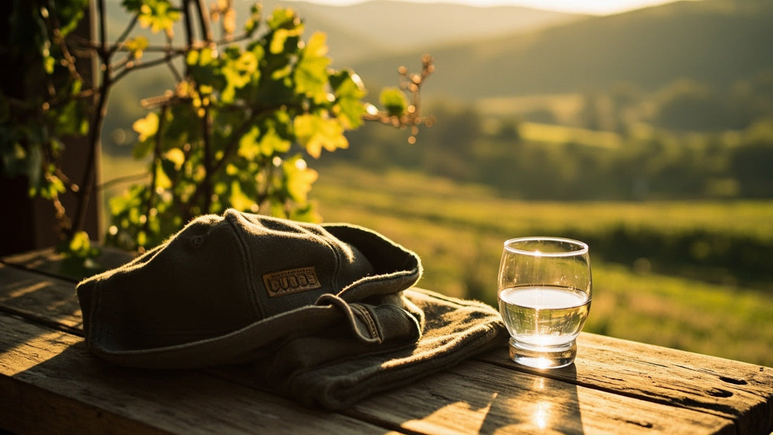 hoodie und cap auf holztisch mit dubbe-glas, warme abendstimmung