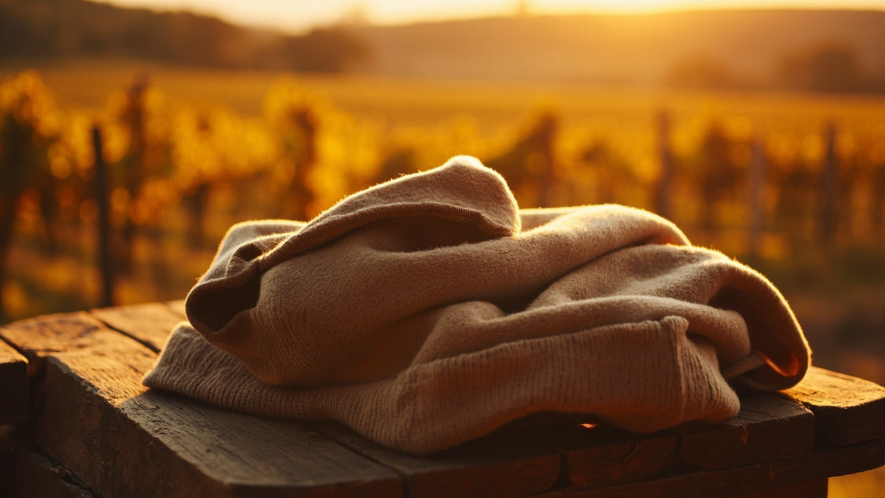gefalteter hoodie und beanie auf holztisch vor weinbergen im abendlicht