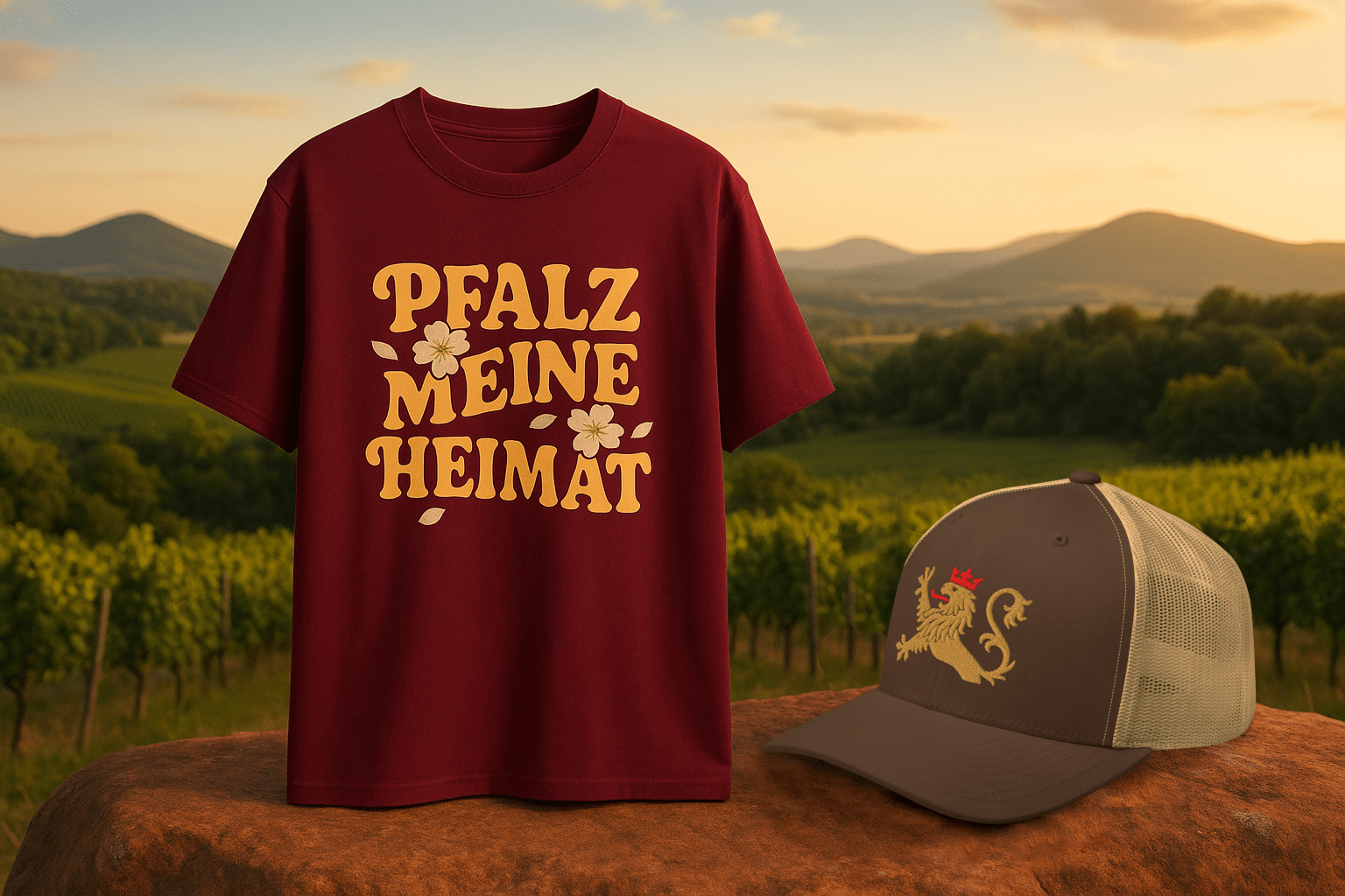 Pfalz Heimat Mandelblüte Shirt und pfälzer Löwen Trucker Cap